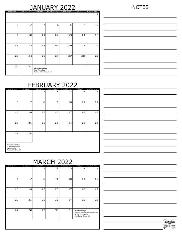 3 Month Calendar 2022