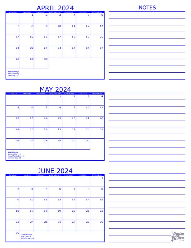 3 Month Calendar - 2024
