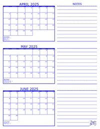 2025 3 Month Calendar - April, May and June