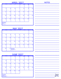 2027 3 Month Calendar - April, May and June