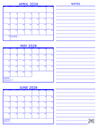 2028 3 Month Calendar - April, May and June