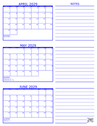 2029 3 Month Calendar - April, May and June