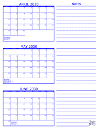 2030 3 Month Calendar - April, May and June