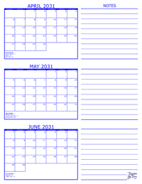 2031 3 Month Calendar - April, May and June