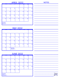2032 3 Month Calendar - April, May and June