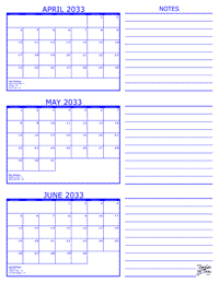 2033 3 Month Calendar - April, May and June