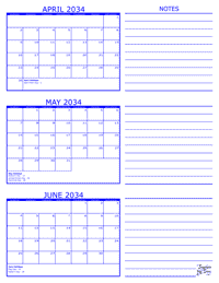 2034 3 Month Calendar - April, May and June