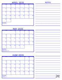 2035 3 Month Calendar - April, May and June