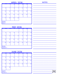 2036 3 Month Calendar - April, May and June