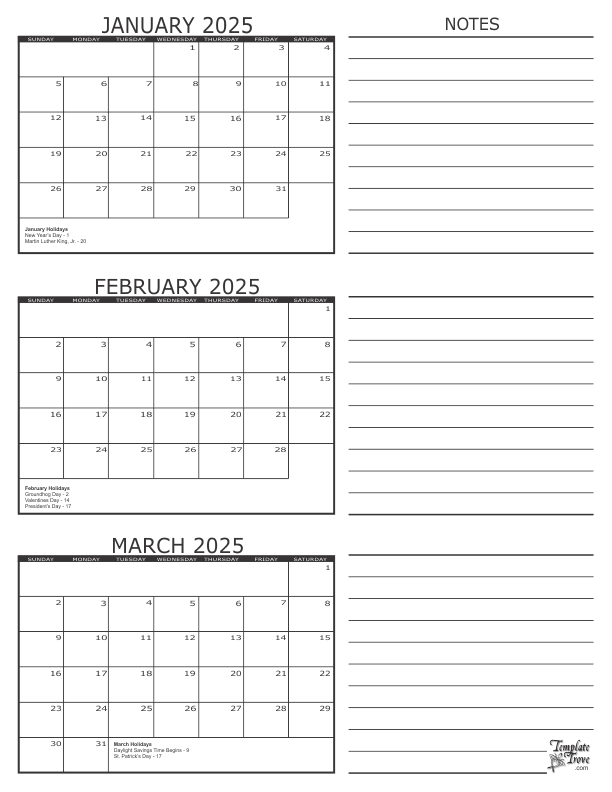 3 Month Calendar - 2025