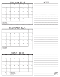 2036 - 3 Month Calendar