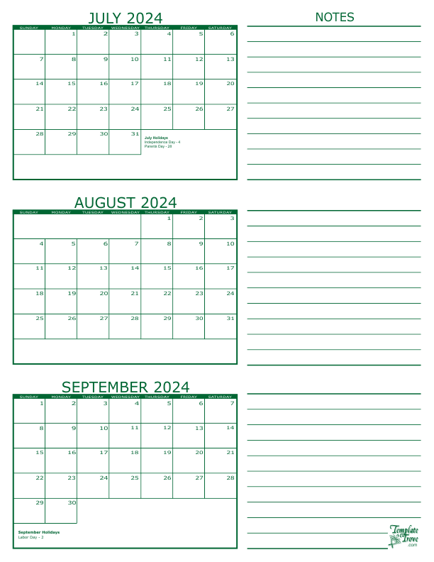 July August September 2024 Calendar Printable
