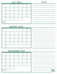 3 Month Calendar - July, August and September