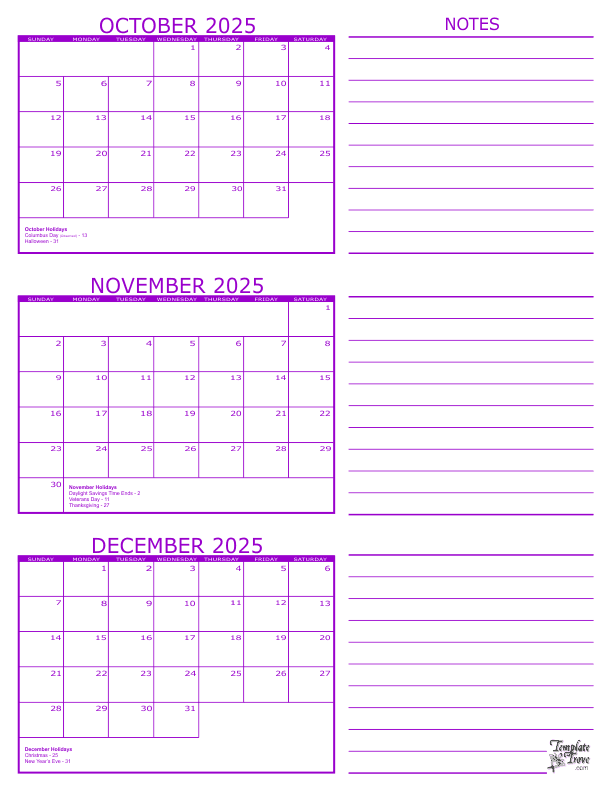 3 Month Calendar 2025