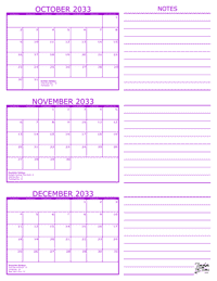 3 Month Calendar - October, November and December