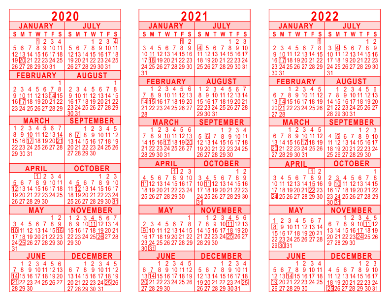 2020 2021 2022 3 year calendar