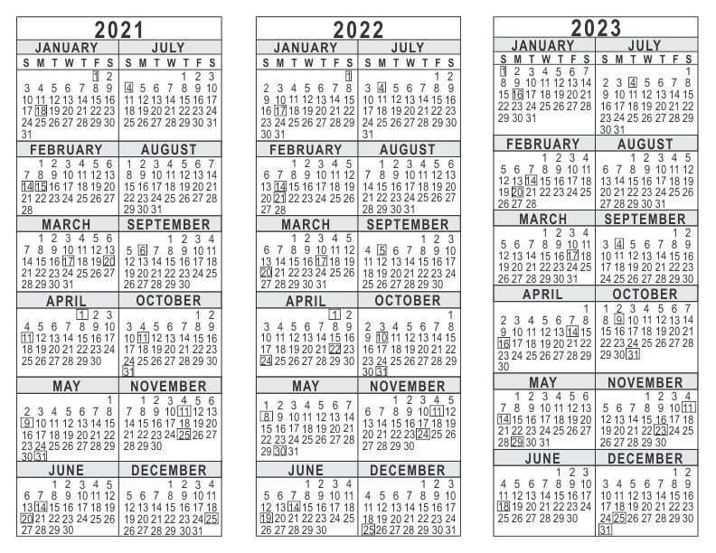 2021 2022 2023 3 Year Calendar