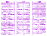 Purple 3 Year Calendar - 2022 - 2023 - 2024