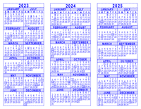 Blue 3 Year Calendar - 2023 - 2024 - 2025