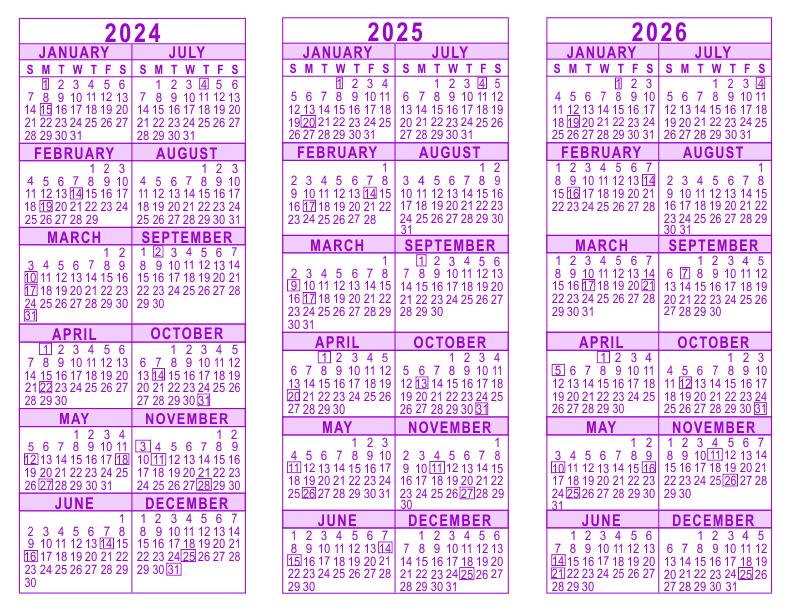 2024 2025 2026 3 Year Calendar