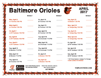April 2017 Baltimore Orioles Printable Schedule