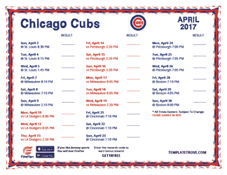 April 2017 Chicago Cubs Printable Schedule