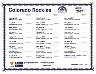 April 2017 Colorado Rockies Printable Schedule
