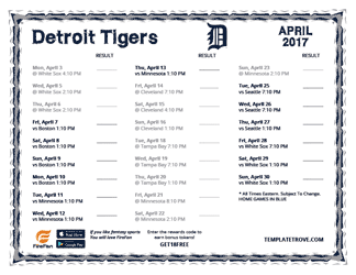 April 2017 Detroit Tigers Printable Schedule