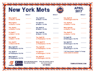 April 2017 New York Mets Printable Schedule