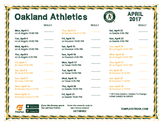 April 2017 Oakland Athletics Printable Schedule