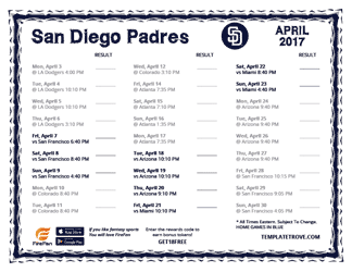 April 2017 San Diego Padres Printable Schedule