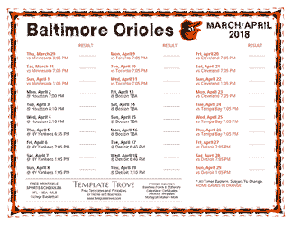 April 2018 Baltimore Orioles Printable Schedule