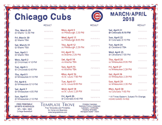 April 2018 Chicago Cubs Printable Schedule