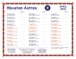 April 2018 Houston Astros Printable Schedule
