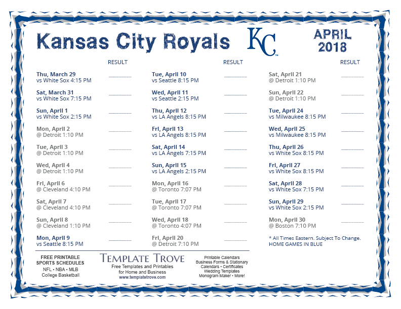 Kansas City Royals 2022 Schedule Printable 2018 Kansas City Royals Schedule