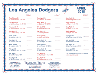 April 2018 Los Angeles Dodgers Printable Schedule