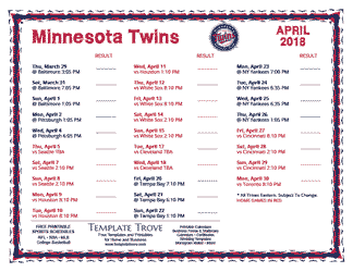 April 2018 Minnesota Twins Printable Schedule