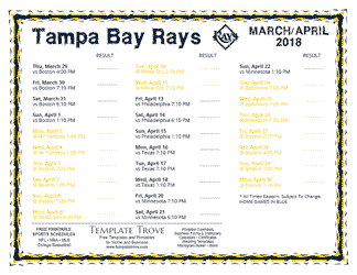 April 2018 Tampa Bay Rays Printable Schedule