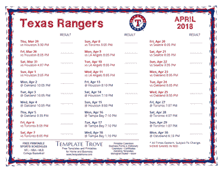 April 2018 Texas Rangers Printable Schedule