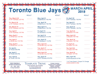 April 2018 Toronto Blue Jays Printable Schedule