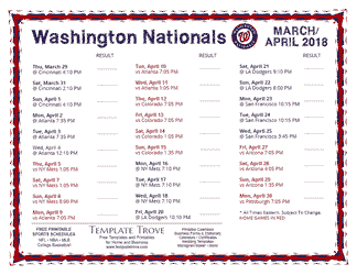 April 2018 Washington Nationals Printable Schedule