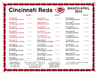 April 2019 Cincinnati Reds Printable Schedule