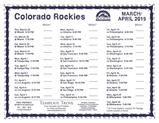 April 2019 Colorado Rockies Printable Schedule