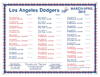 April 2019 Los Angeles Dodgers Printable Schedule