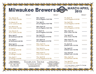 April 2019 Milwaukee Brewers Printable Schedule
