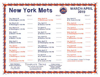 April 2019 New York Mets Printable Schedule