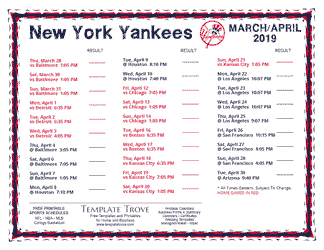 April 2019 New York Yankees Printable Schedule