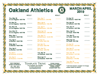 April 2019 Oakland Athletics Printable Schedule