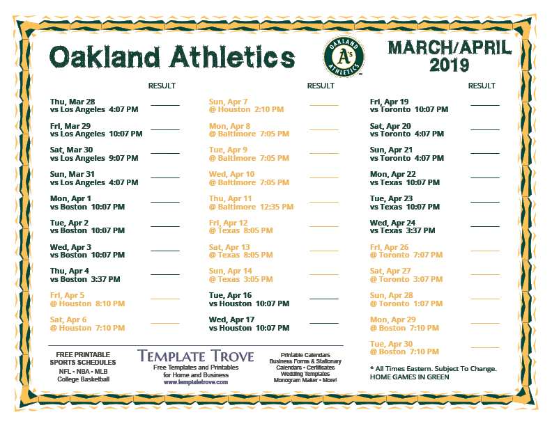 Printable 2019 Oakland Athletics Schedule