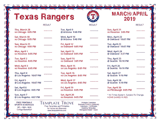 April 2019 Texas Rangers Printable Schedule